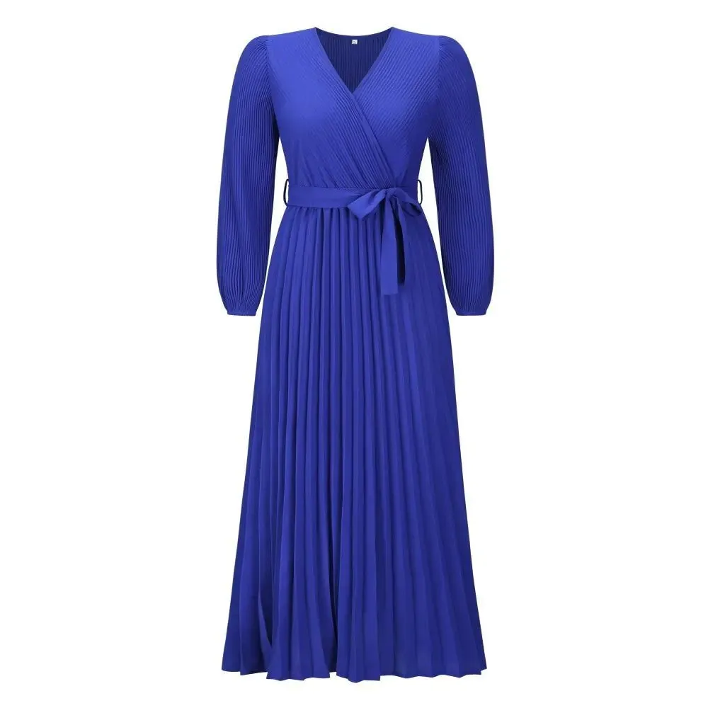 Elegant V-Neck Pleated A-Line Dress – Long Sleeve Mid-Length Design
