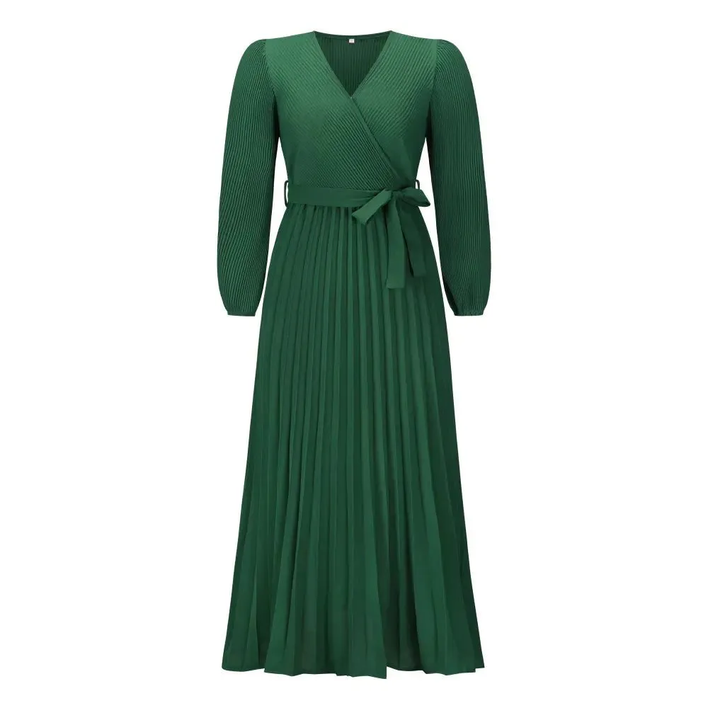 Elegant V-Neck Pleated A-Line Dress – Long Sleeve Mid-Length Design