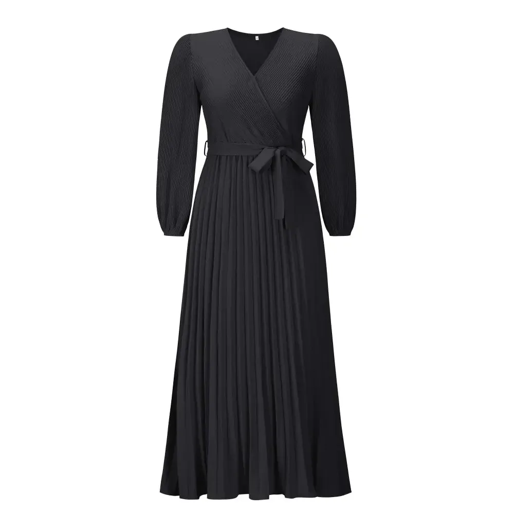 Elegant V-Neck Pleated A-Line Dress – Long Sleeve Mid-Length Design