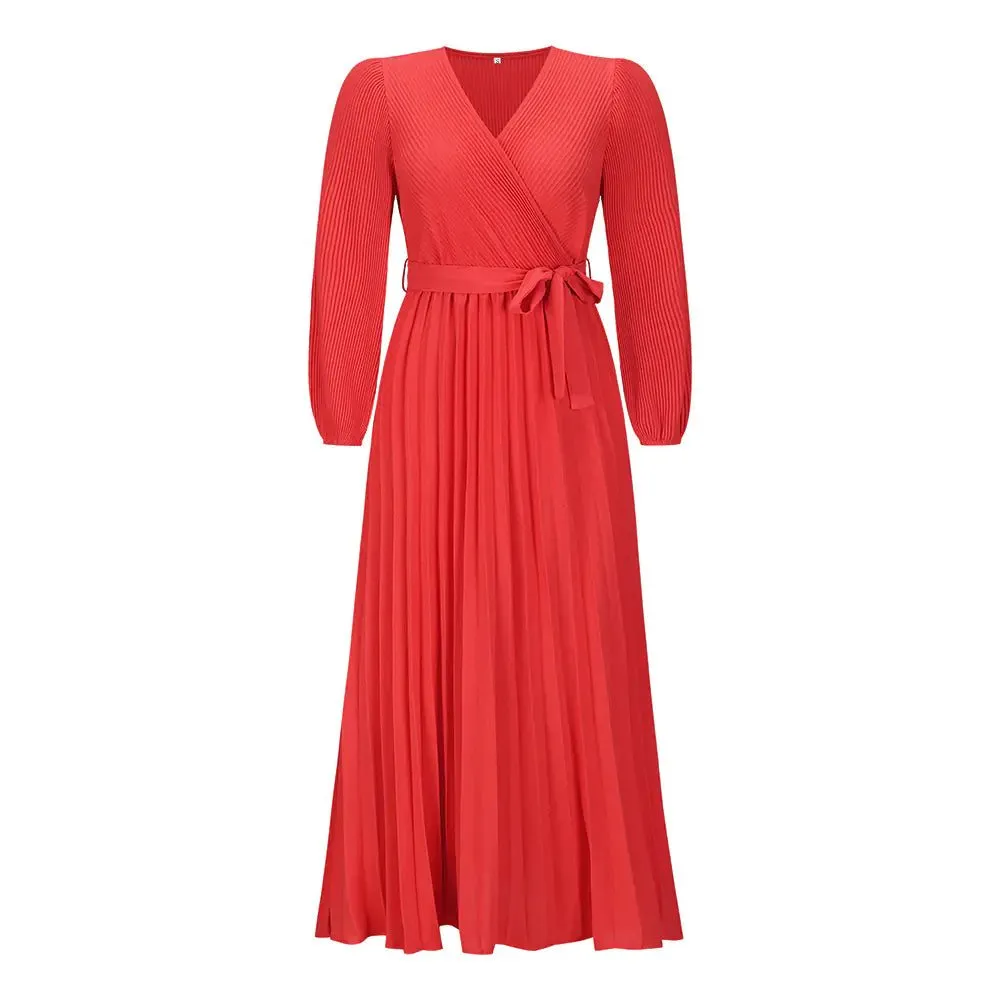 Elegant V-Neck Pleated A-Line Dress – Long Sleeve Mid-Length Design