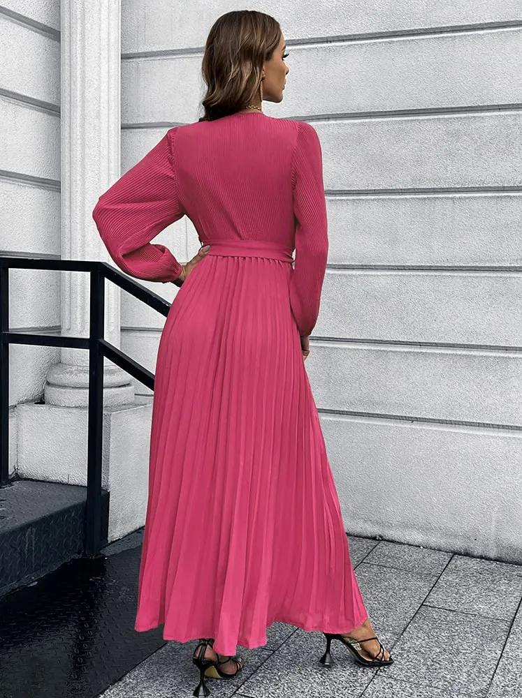 Elegant V-Neck Pleated A-Line Dress – Long Sleeve Mid-Length Design