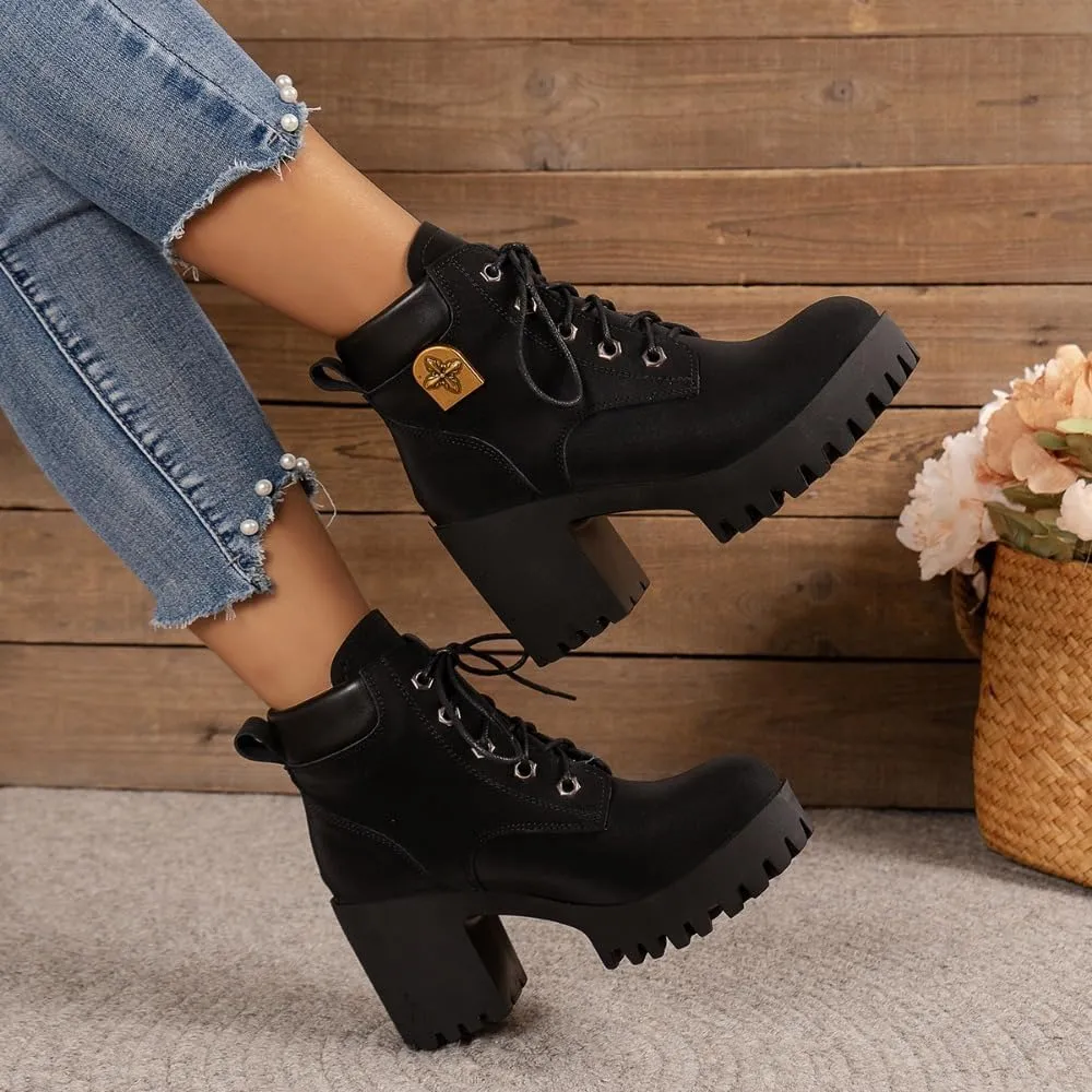 Emo Combat Boots Platform with High Heels Women Girl Goth Punk Lace-up Non Slip Sole Suede Casual Walking Shoes Retro Vintage Trendy Rave Party Outdoor Fashionable Western Cowgirl Boots Streetwear