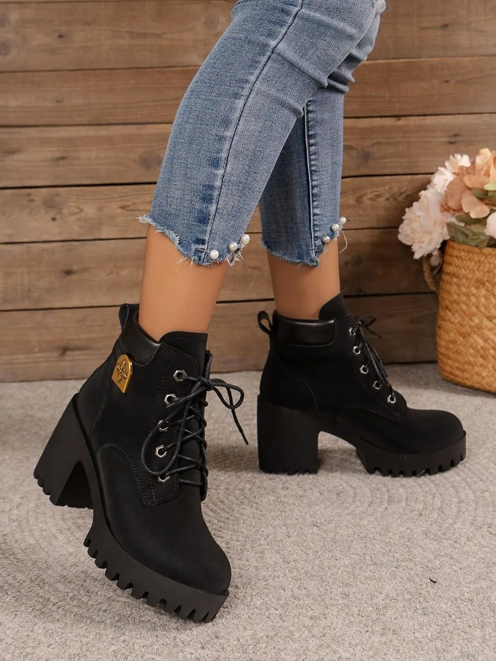 Emo Combat Boots Platform with High Heels Women Girl Goth Punk Lace-up Non Slip Sole Suede Casual Walking Shoes Retro Vintage Trendy Rave Party Outdoor Fashionable Western Cowgirl Boots Streetwear