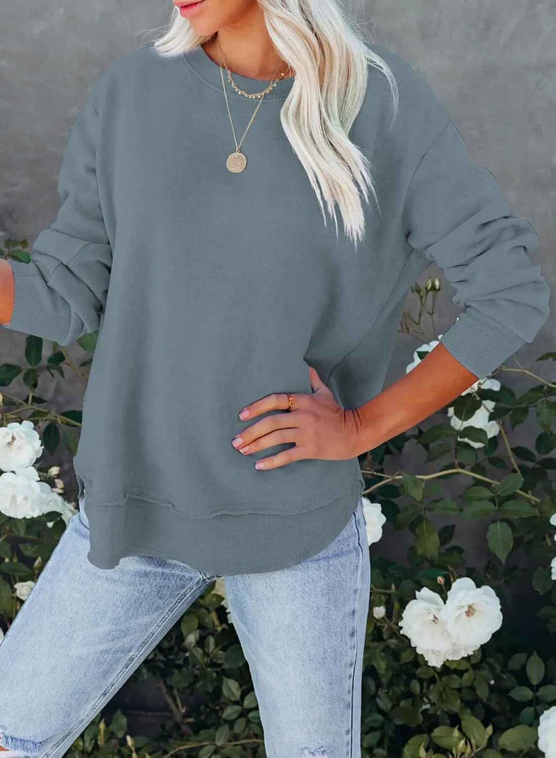 EVALESS Sweatshirt for Women Crewneck Long Sleeve Side Split Tops Casual Solid Color Loose Pullover Shirts 2025 Clothes