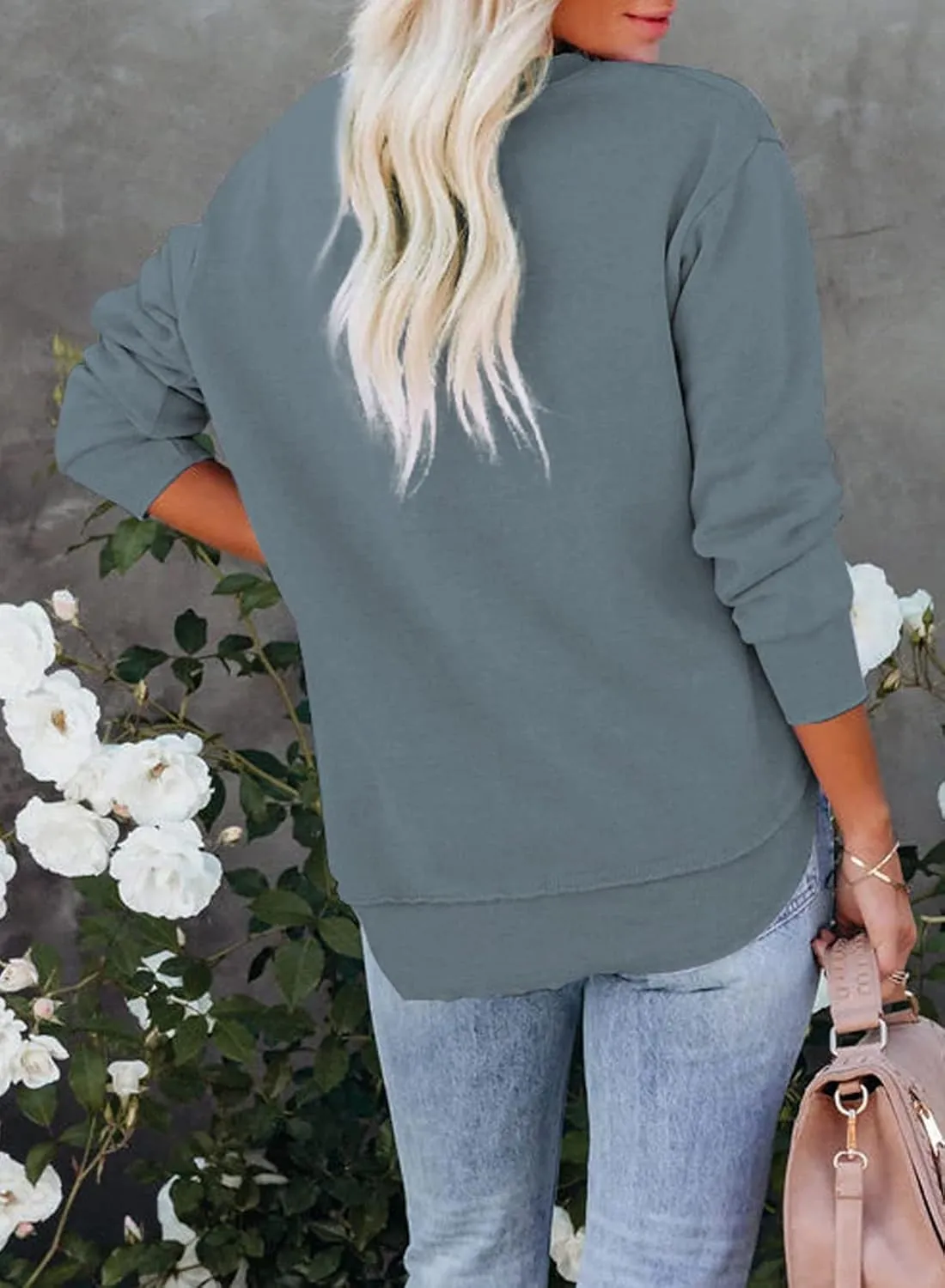 EVALESS Sweatshirt for Women Crewneck Long Sleeve Side Split Tops Casual Solid Color Loose Pullover Shirts 2025 Clothes