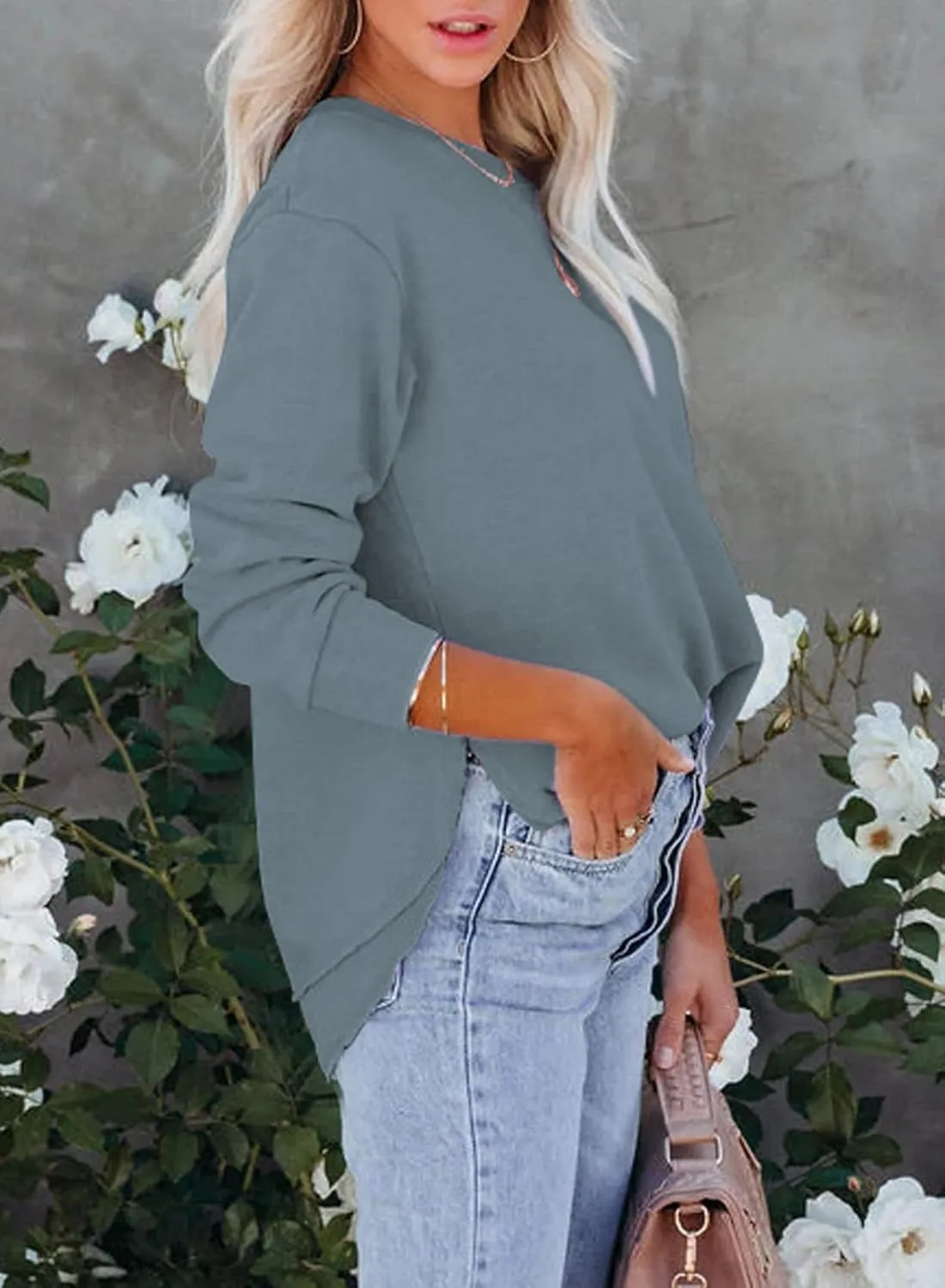 EVALESS Sweatshirt for Women Crewneck Long Sleeve Side Split Tops Casual Solid Color Loose Pullover Shirts 2025 Clothes
