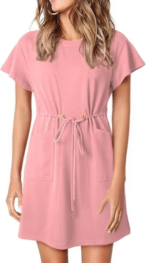 EVALESS Womens Spring Summer Dresses 2025 Casual Round Neck Ruffle Short Sleeve Flowy A Line Mini Dress with Pockets