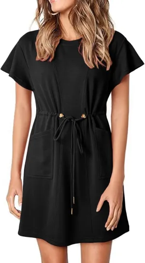 EVALESS Womens Spring Summer Dresses 2025 Casual Round Neck Ruffle Short Sleeve Flowy A Line Mini Dress with Pockets