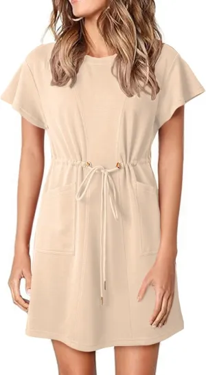 EVALESS Womens Spring Summer Dresses 2025 Casual Round Neck Ruffle Short Sleeve Flowy A Line Mini Dress with Pockets