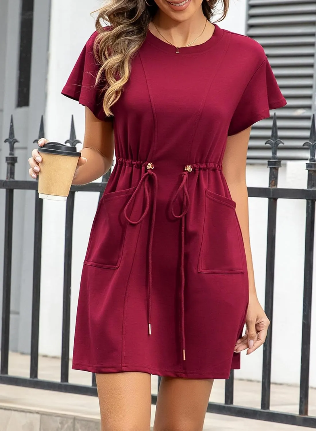 EVALESS Womens Spring Summer Dresses 2025 Casual Round Neck Ruffle Short Sleeve Flowy A Line Mini Dress with Pockets