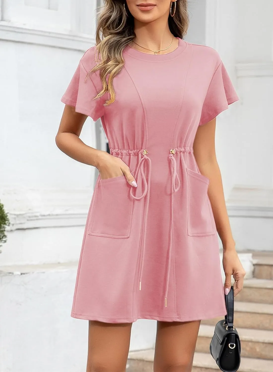 EVALESS Womens Spring Summer Dresses 2025 Casual Round Neck Ruffle Short Sleeve Flowy A Line Mini Dress with Pockets