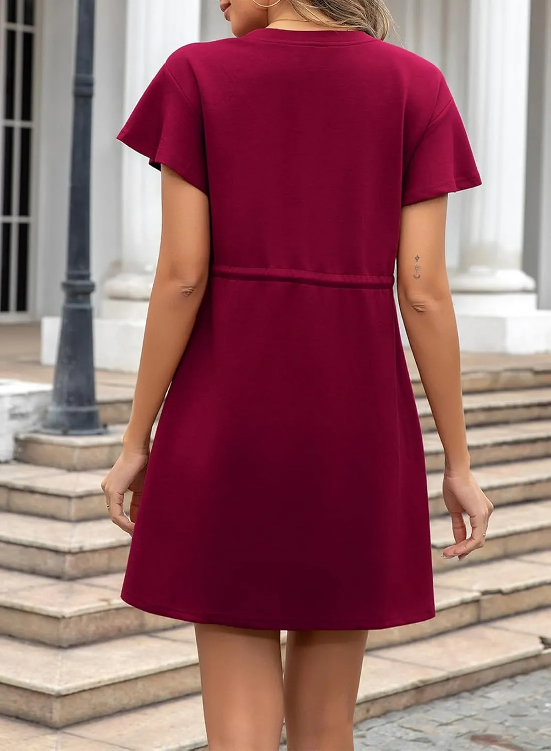 EVALESS Womens Spring Summer Dresses 2025 Casual Round Neck Ruffle Short Sleeve Flowy A Line Mini Dress with Pockets