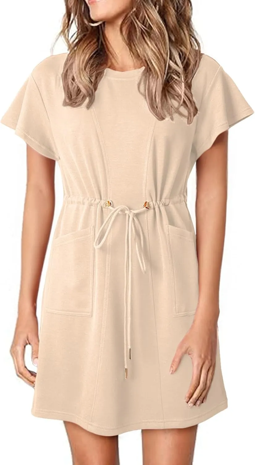 EVALESS Womens Spring Summer Dresses 2025 Casual Round Neck Ruffle Short Sleeve Flowy A Line Mini Dress with Pockets
