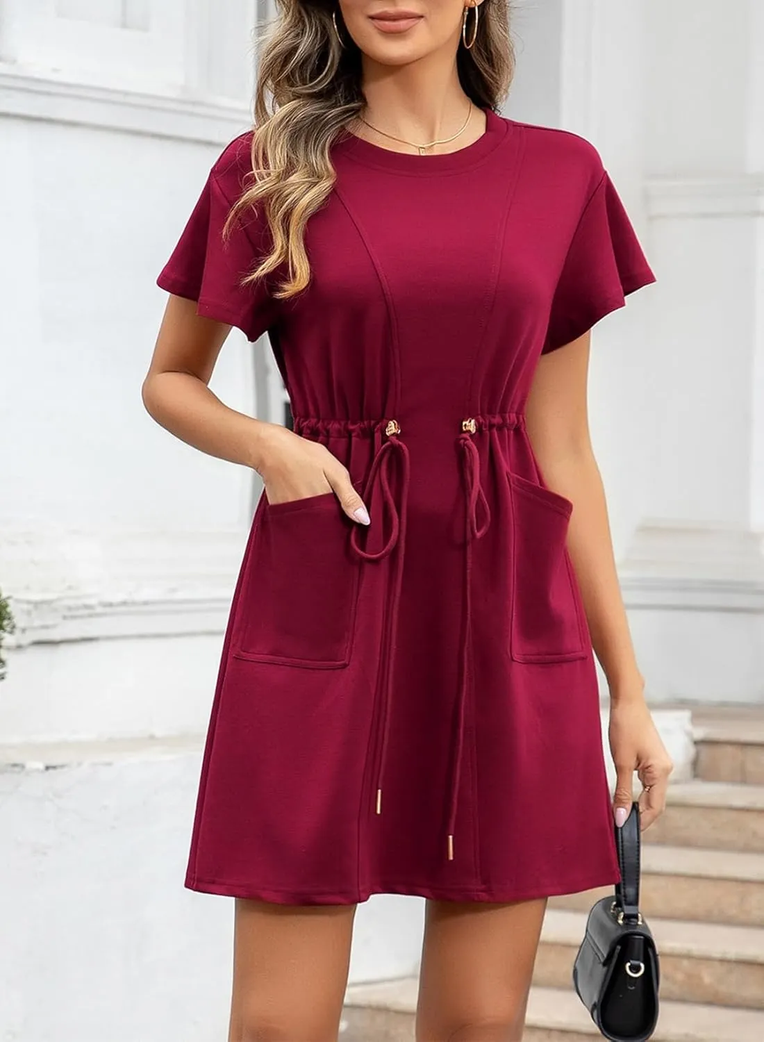 EVALESS Womens Spring Summer Dresses 2025 Casual Round Neck Ruffle Short Sleeve Flowy A Line Mini Dress with Pockets
