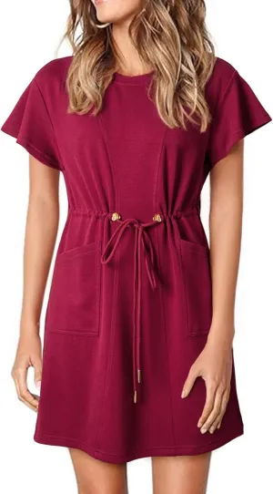 EVALESS Womens Spring Summer Dresses 2025 Casual Round Neck Ruffle Short Sleeve Flowy A Line Mini Dress with Pockets