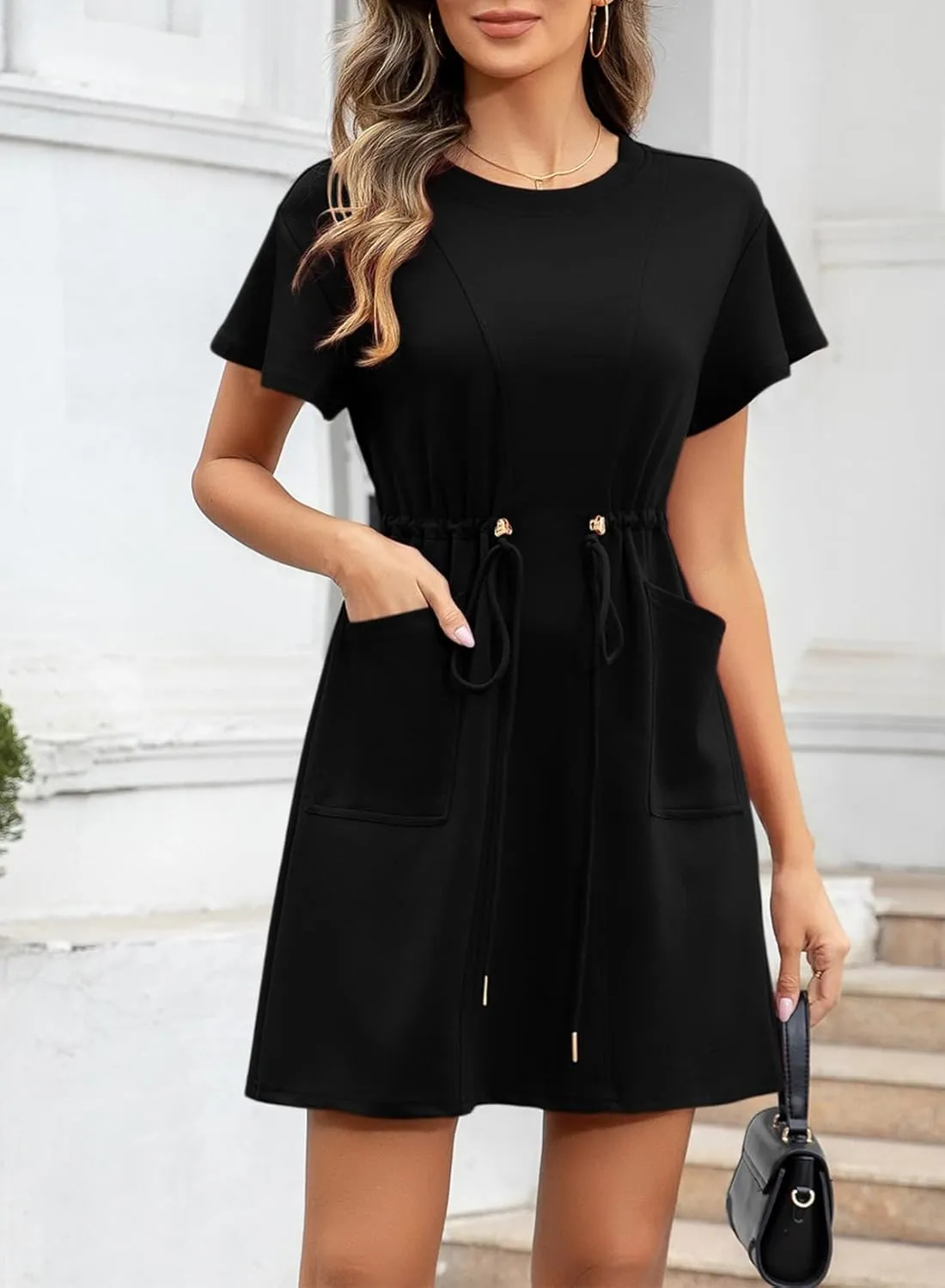 EVALESS Womens Spring Summer Dresses 2025 Casual Round Neck Ruffle Short Sleeve Flowy A Line Mini Dress with Pockets