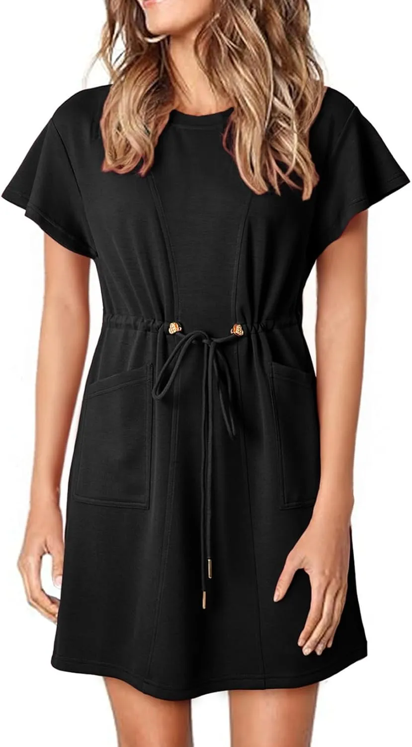 EVALESS Womens Spring Summer Dresses 2025 Casual Round Neck Ruffle Short Sleeve Flowy A Line Mini Dress with Pockets