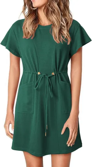 EVALESS Womens Spring Summer Dresses 2025 Casual Round Neck Ruffle Short Sleeve Flowy A Line Mini Dress with Pockets