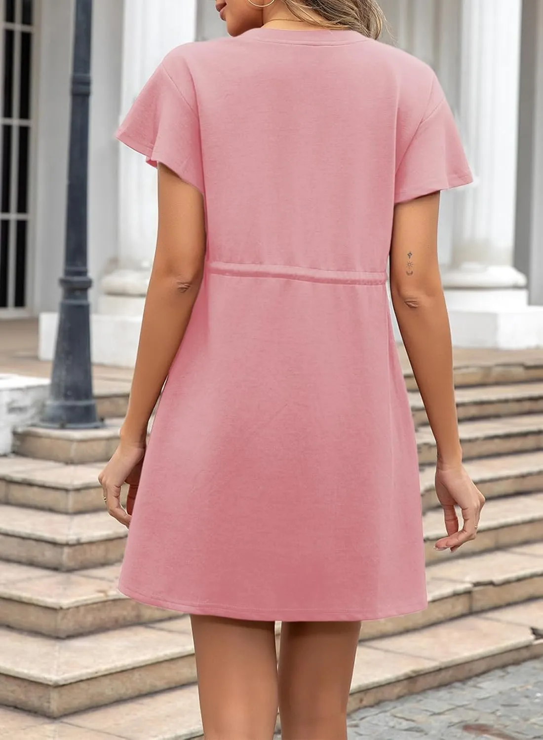 EVALESS Womens Spring Summer Dresses 2025 Casual Round Neck Ruffle Short Sleeve Flowy A Line Mini Dress with Pockets