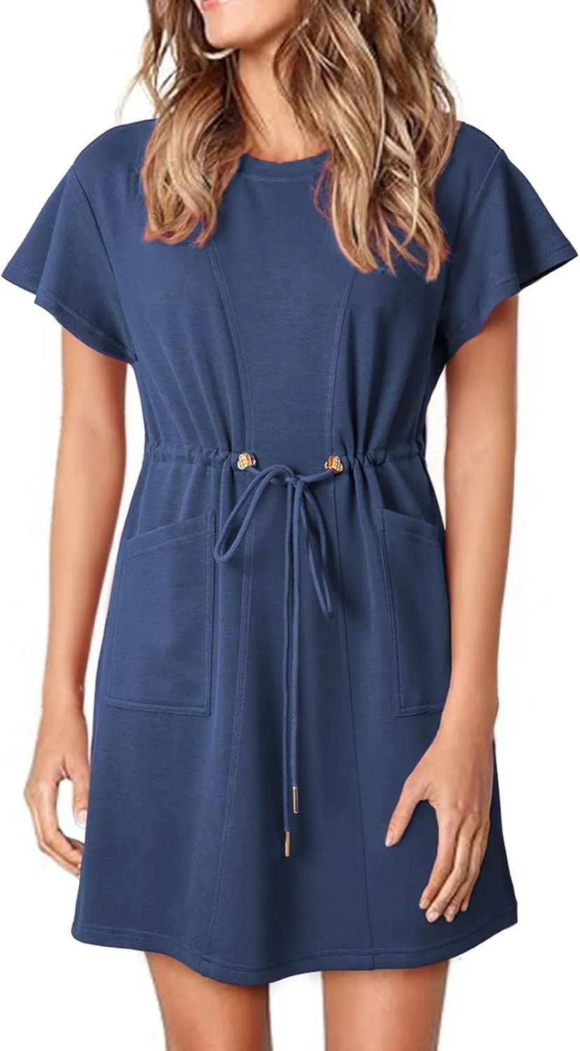 EVALESS Womens Spring Summer Dresses 2025 Casual Round Neck Ruffle Short Sleeve Flowy A Line Mini Dress with Pockets