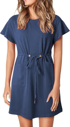 EVALESS Womens Spring Summer Dresses 2025 Casual Round Neck Ruffle Short Sleeve Flowy A Line Mini Dress with Pockets
