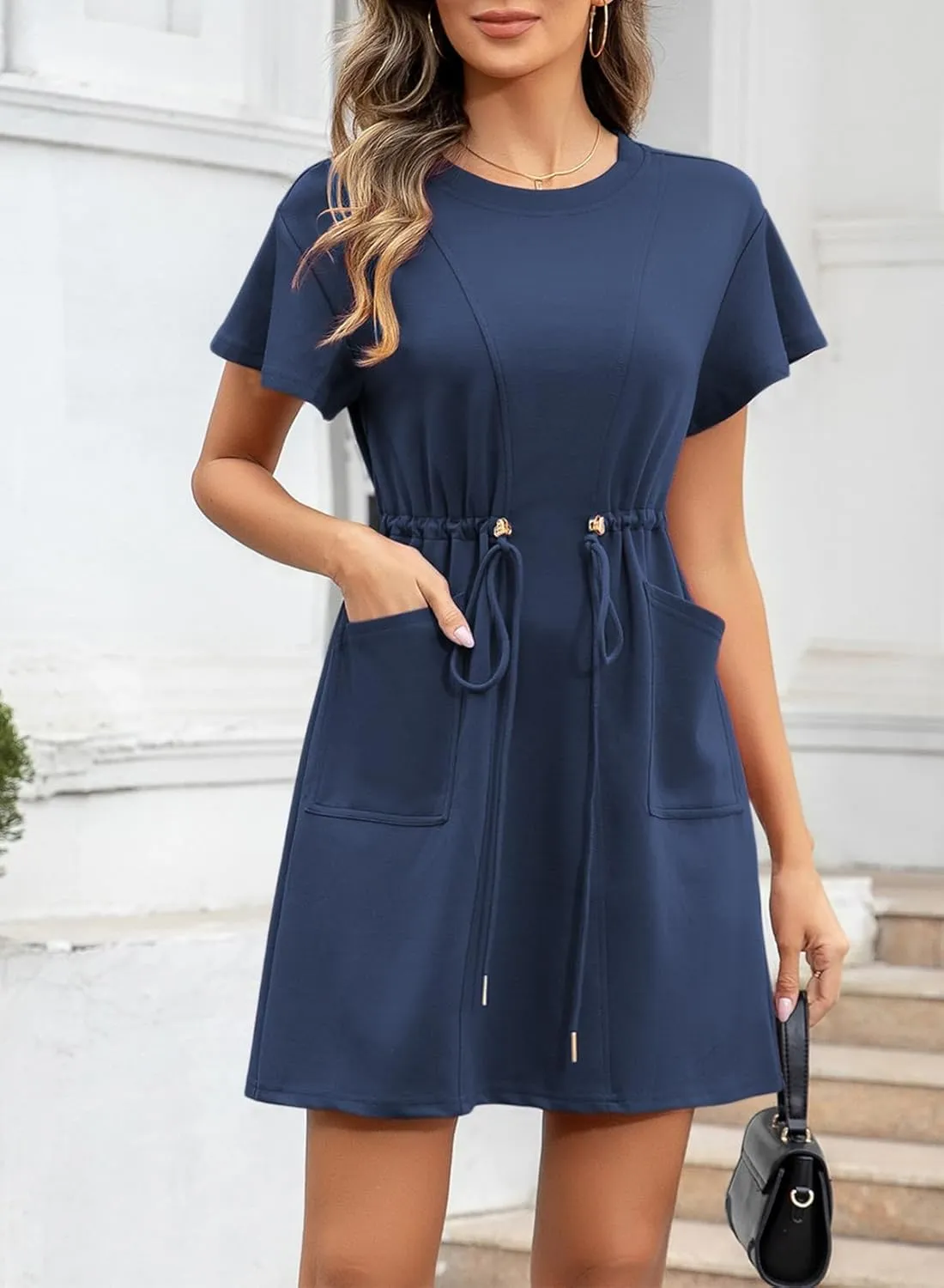 EVALESS Womens Spring Summer Dresses 2025 Casual Round Neck Ruffle Short Sleeve Flowy A Line Mini Dress with Pockets