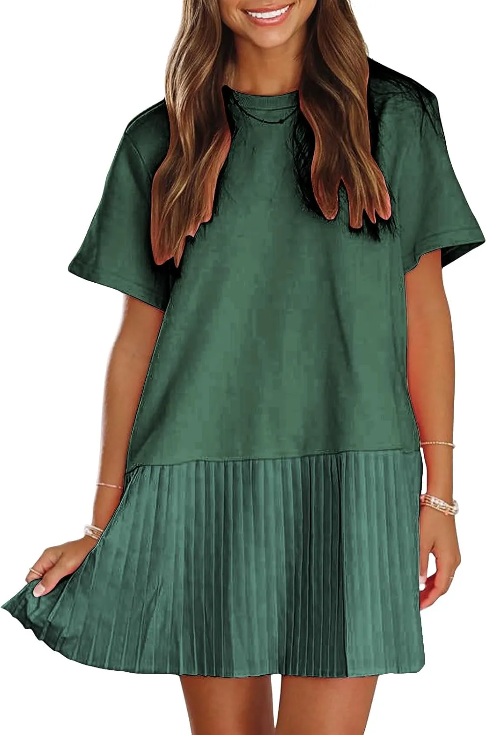 EXLURA Womens Summer Casual Short Sleeve Dress Crewneck Tshirt Dresses Pleated Aline Mini Dress 2025 Vacation Beach Sundress