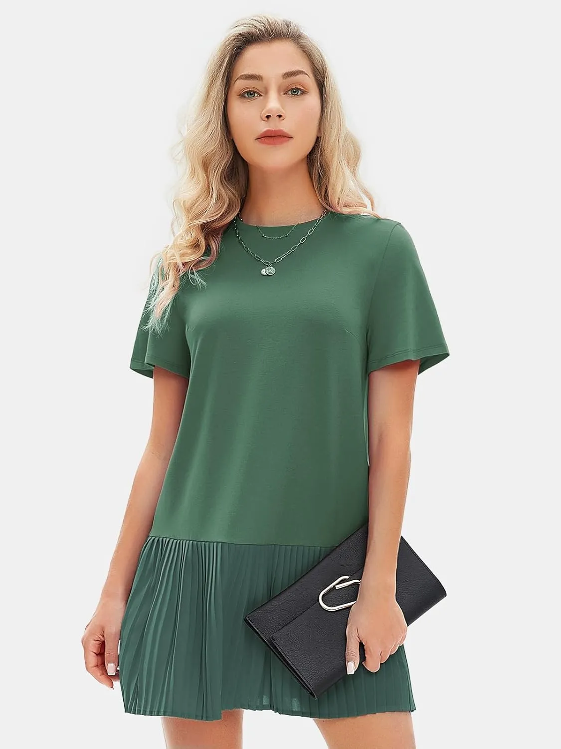 EXLURA Womens Summer Casual Short Sleeve Dress Crewneck Tshirt Dresses Pleated Aline Mini Dress 2025 Vacation Beach Sundress
