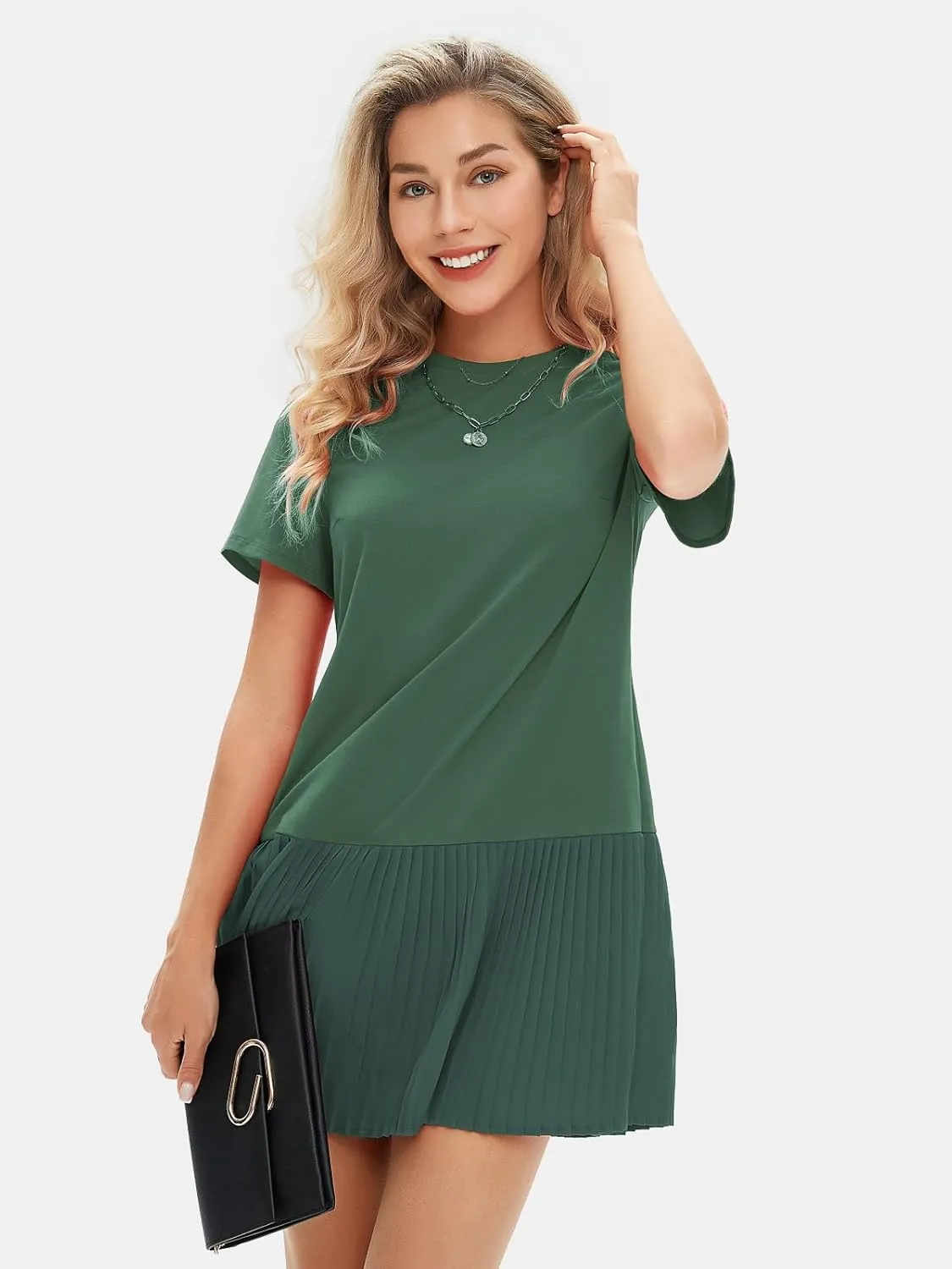 EXLURA Womens Summer Casual Short Sleeve Dress Crewneck Tshirt Dresses Pleated Aline Mini Dress 2025 Vacation Beach Sundress