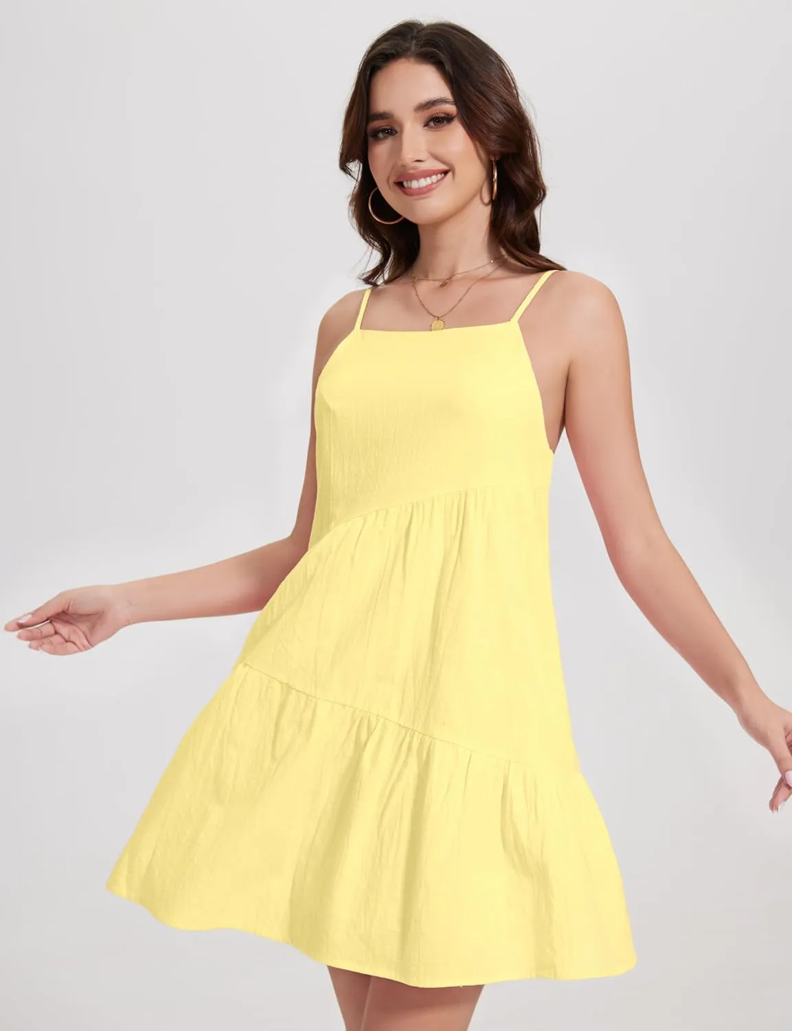 FANCYINN Women's 2025 Summer Mini Dress Sleeveless Spaghetti Strap,Backless Tiered Swing Dress Beach Wedding Guest,Vacation