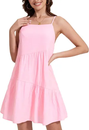 FANCYINN Women's 2025 Summer Mini Dress Sleeveless Spaghetti Strap,Backless Tiered Swing Dress Beach Wedding Guest,Vacation