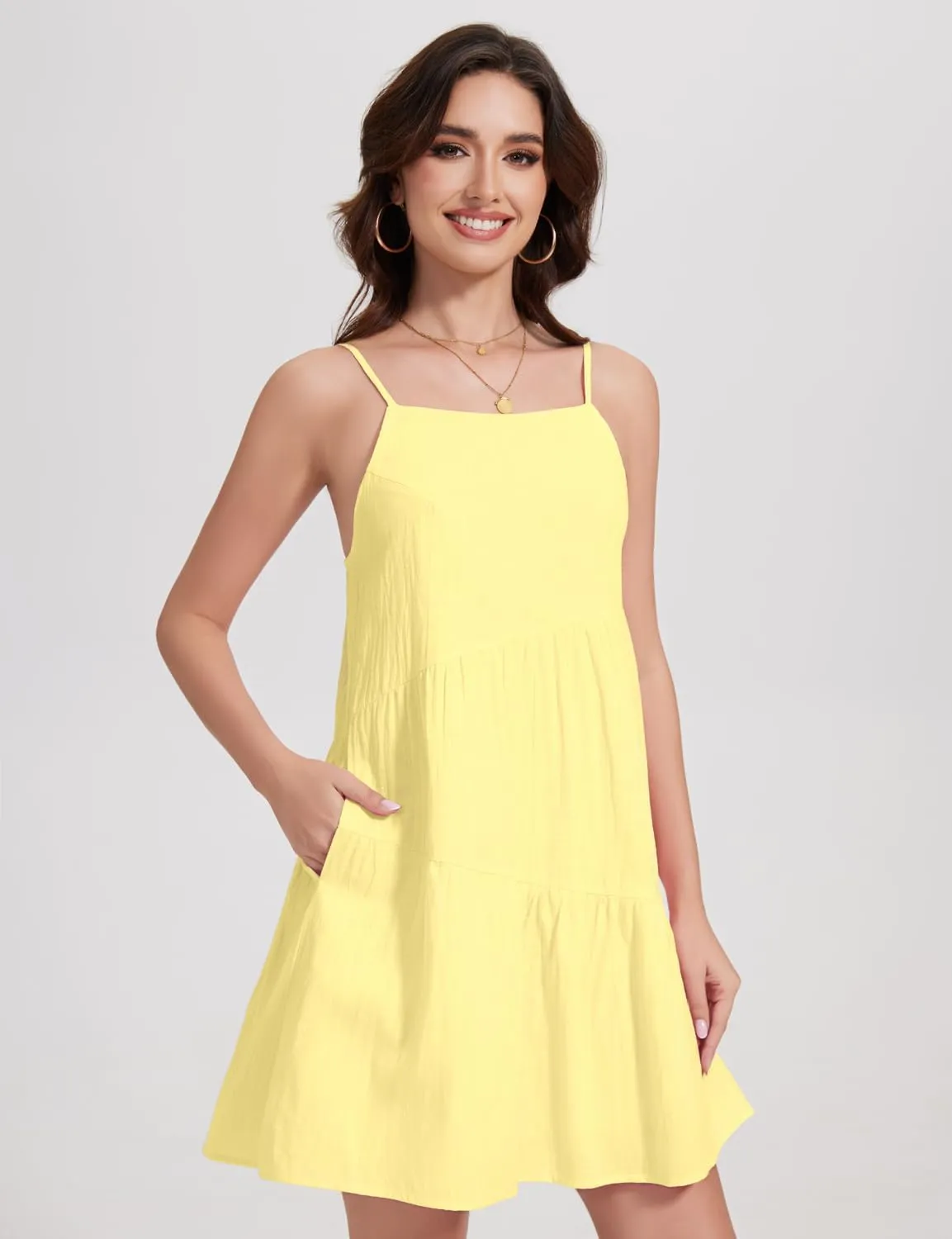 FANCYINN Women's 2025 Summer Mini Dress Sleeveless Spaghetti Strap,Backless Tiered Swing Dress Beach Wedding Guest,Vacation