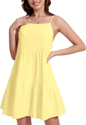 FANCYINN Women's 2025 Summer Mini Dress Sleeveless Spaghetti Strap,Backless Tiered Swing Dress Beach Wedding Guest,Vacation