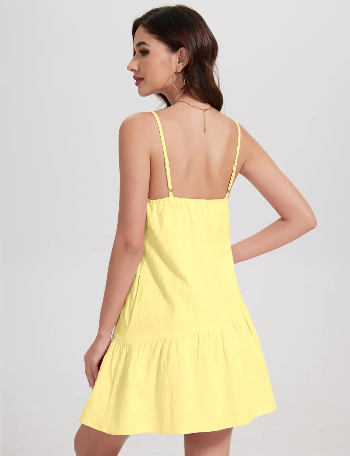 FANCYINN Women's 2025 Summer Mini Dress Sleeveless Spaghetti Strap,Backless Tiered Swing Dress Beach Wedding Guest,Vacation
