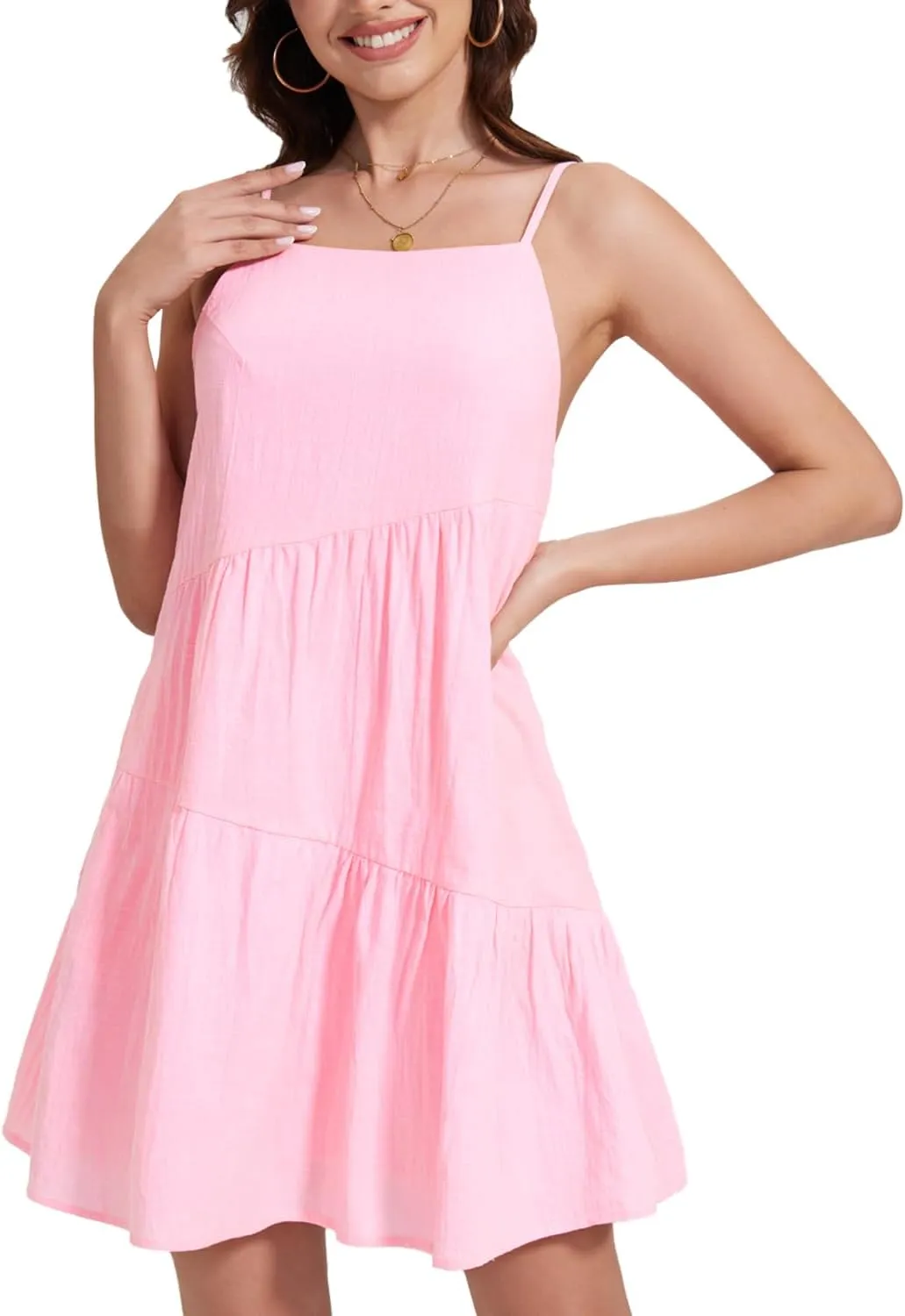 FANCYINN Women's 2025 Summer Mini Dress Sleeveless Spaghetti Strap,Backless Tiered Swing Dress Beach Wedding Guest,Vacation