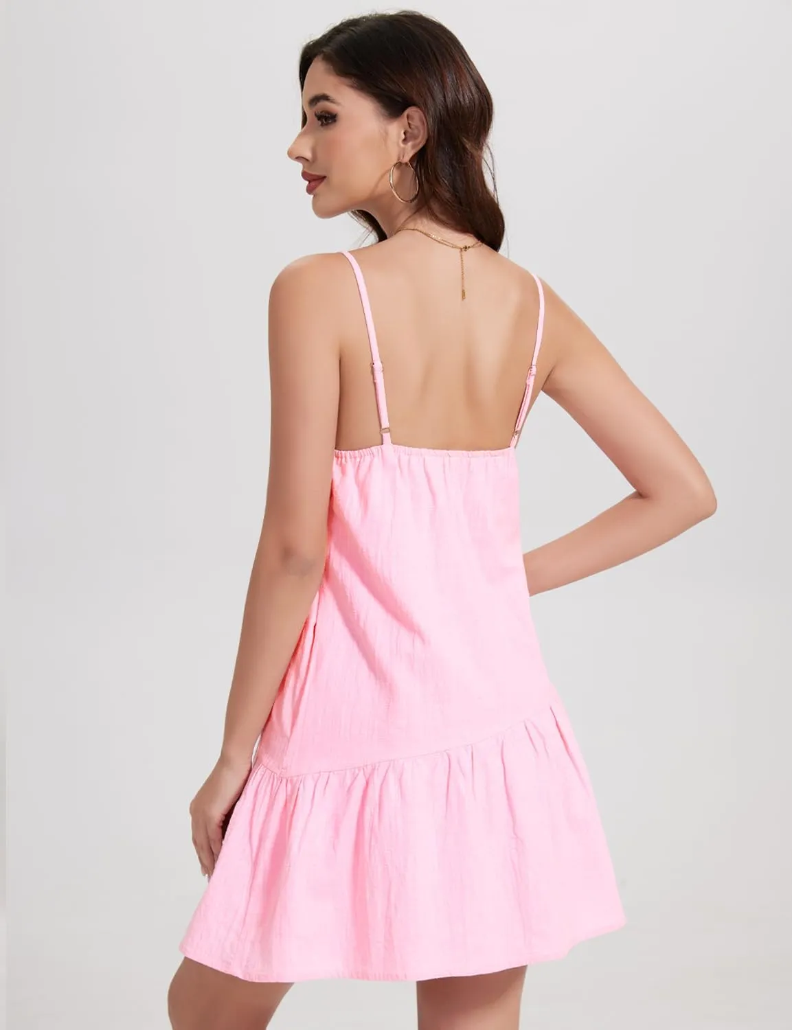 FANCYINN Women's 2025 Summer Mini Dress Sleeveless Spaghetti Strap,Backless Tiered Swing Dress Beach Wedding Guest,Vacation