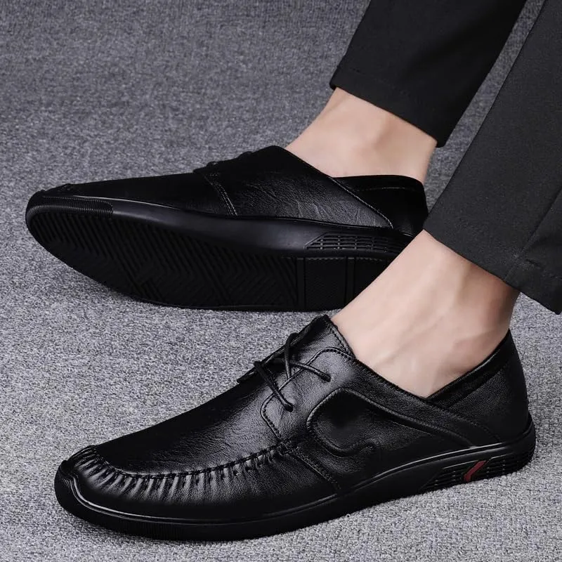 Fashionable Formal Wingtips Brogue Shoes Black Lightweight Lace-up Leather Shoes Everyday Male Driving Flats