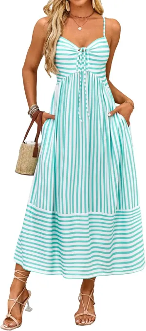 Fashionme Womens Summer Maxi Dresses 2025 Trendy Striped Vacation Boho Beach Spaghetti Strap Sundress Back Tie with Pockets