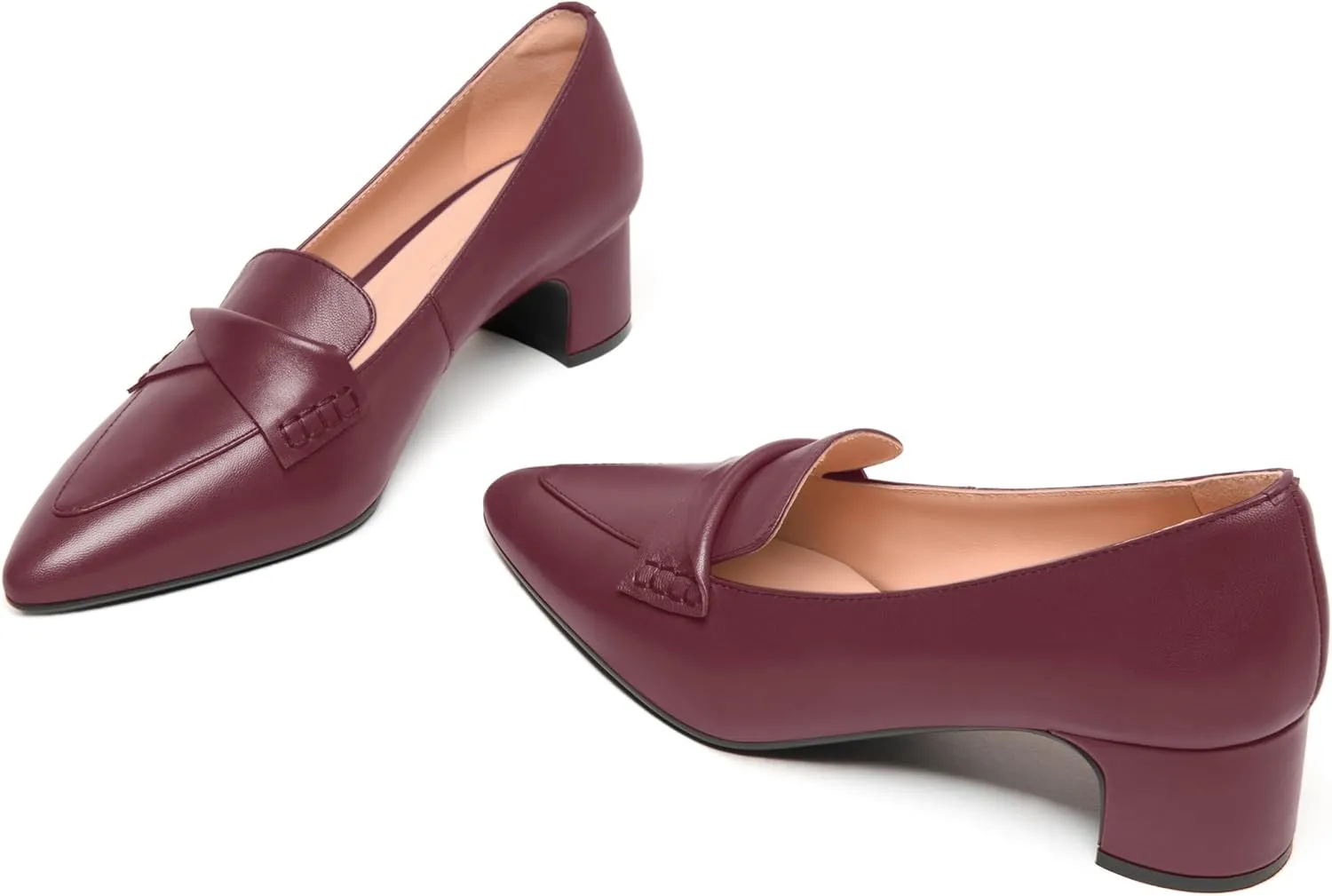 FEMSTEP Womens Pointed Toe Slip On Business Matte Leather Formal Chunky Low Heel Loafers Shoes 1.5 Inch