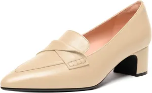 FEMSTEP Womens Pointed Toe Slip On Business Matte Leather Formal Chunky Low Heel Loafers Shoes 1.5 Inch
