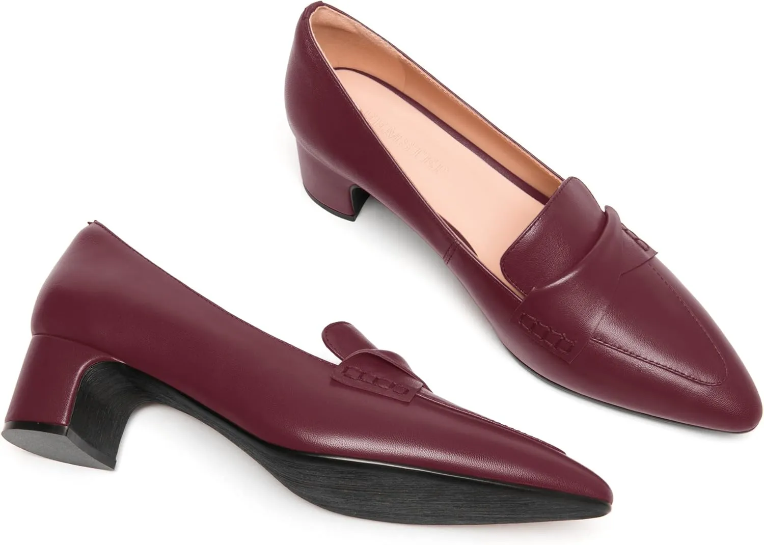 FEMSTEP Womens Pointed Toe Slip On Business Matte Leather Formal Chunky Low Heel Loafers Shoes 1.5 Inch