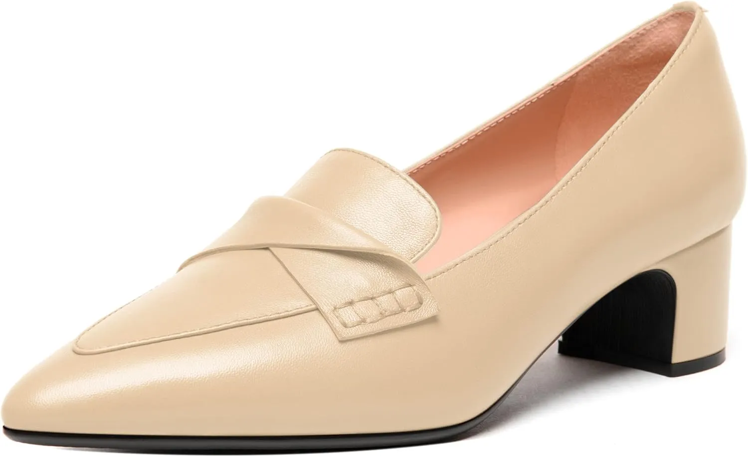 FEMSTEP Womens Pointed Toe Slip On Business Matte Leather Formal Chunky Low Heel Loafers Shoes 1.5 Inch
