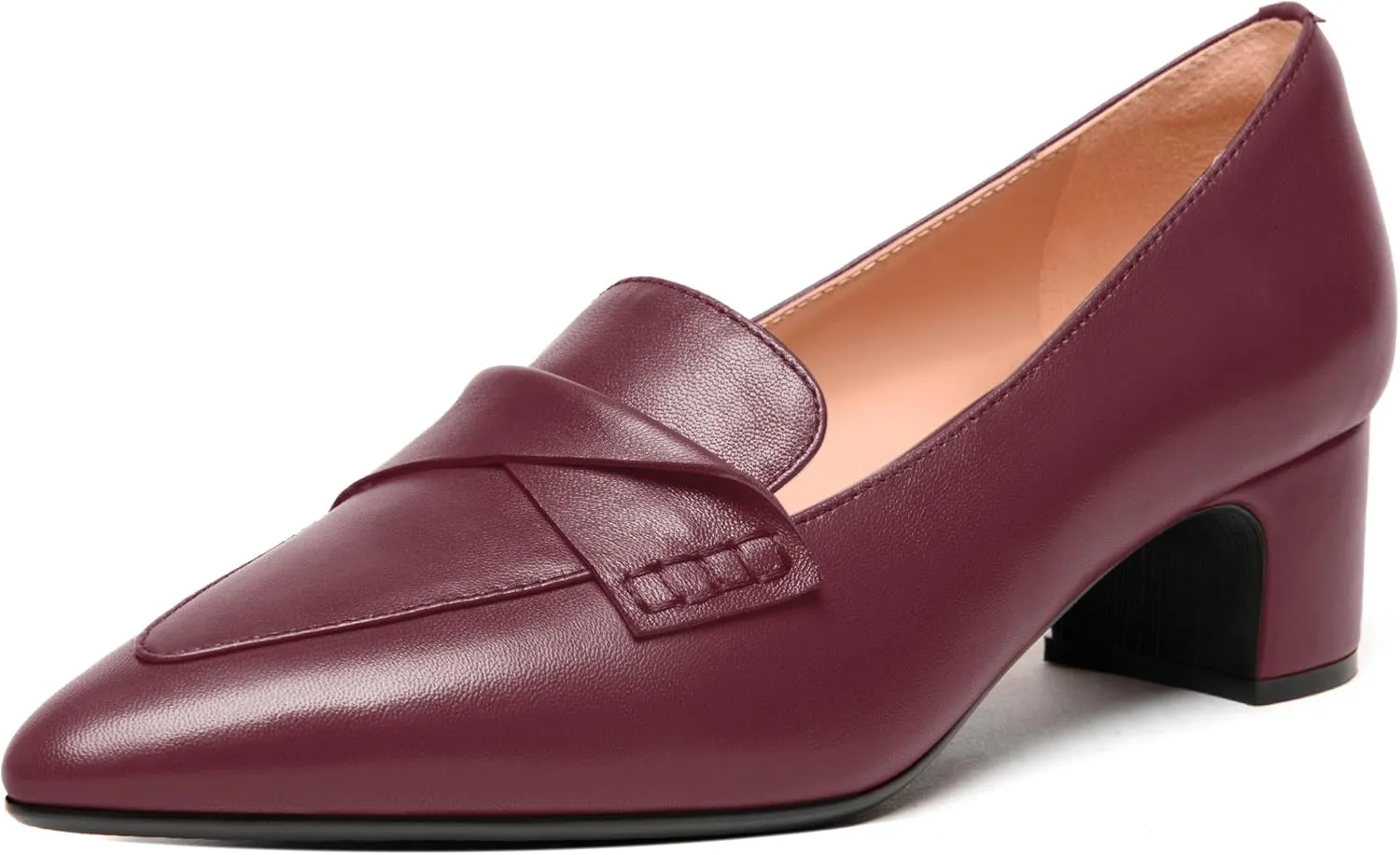 FEMSTEP Womens Pointed Toe Slip On Business Matte Leather Formal Chunky Low Heel Loafers Shoes 1.5 Inch