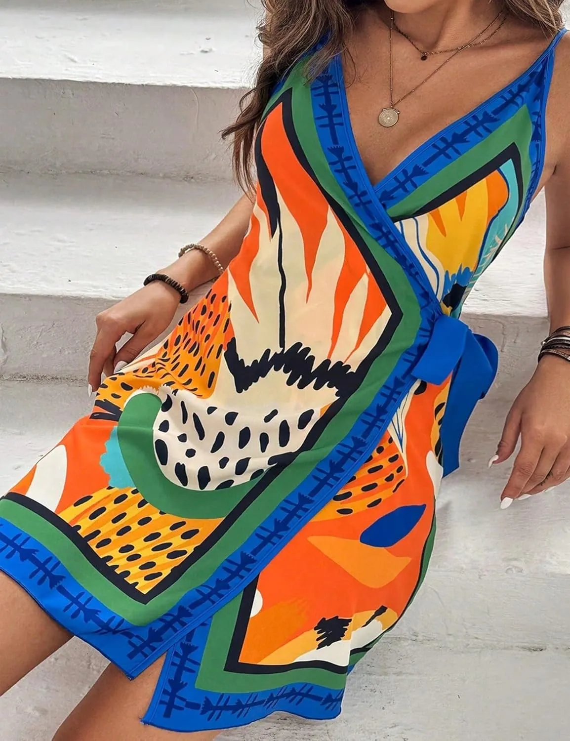Fiona Jolin 2025 Women Summer Beach Swim Coverups Boho Print Wrap Sundress Sleeveless V Neck Tie Waist Bikini Short Dress