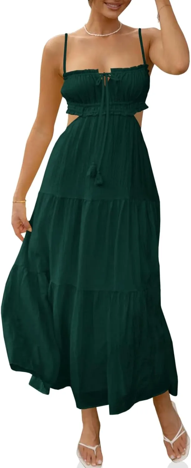 Fisoew Women's Spaghetti Strap Maxi Dress Summer Sleeveless Side Cut Out Dress Casual Boho Backless Flowy Long Dresses