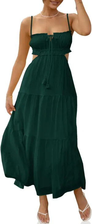 Fisoew Women's Spaghetti Strap Maxi Dress Summer Sleeveless Side Cut Out Dress Casual Boho Backless Flowy Long Dresses