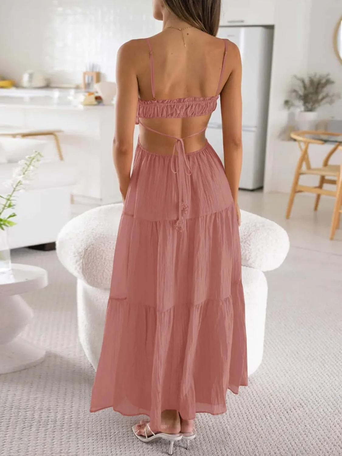 Fisoew Women's Spaghetti Strap Maxi Dress Summer Sleeveless Side Cut Out Dress Casual Boho Backless Flowy Long Dresses