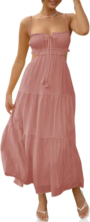 Fisoew Women's Spaghetti Strap Maxi Dress Summer Sleeveless Side Cut Out Dress Casual Boho Backless Flowy Long Dresses