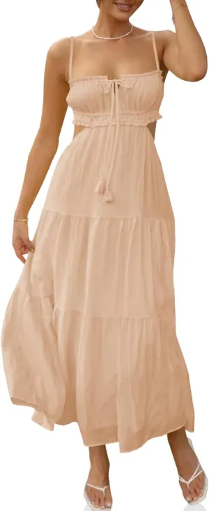 Fisoew Women's Spaghetti Strap Maxi Dress Summer Sleeveless Side Cut Out Dress Casual Boho Backless Flowy Long Dresses