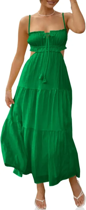 Fisoew Women's Spaghetti Strap Maxi Dress Summer Sleeveless Side Cut Out Dress Casual Boho Backless Flowy Long Dresses